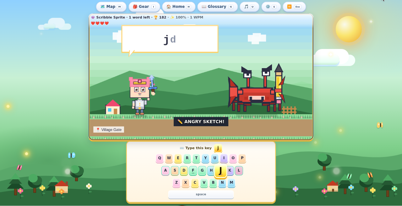 Battle against the Scribble Sprite at Village Gate, with hearts, score, and a typing prompt.