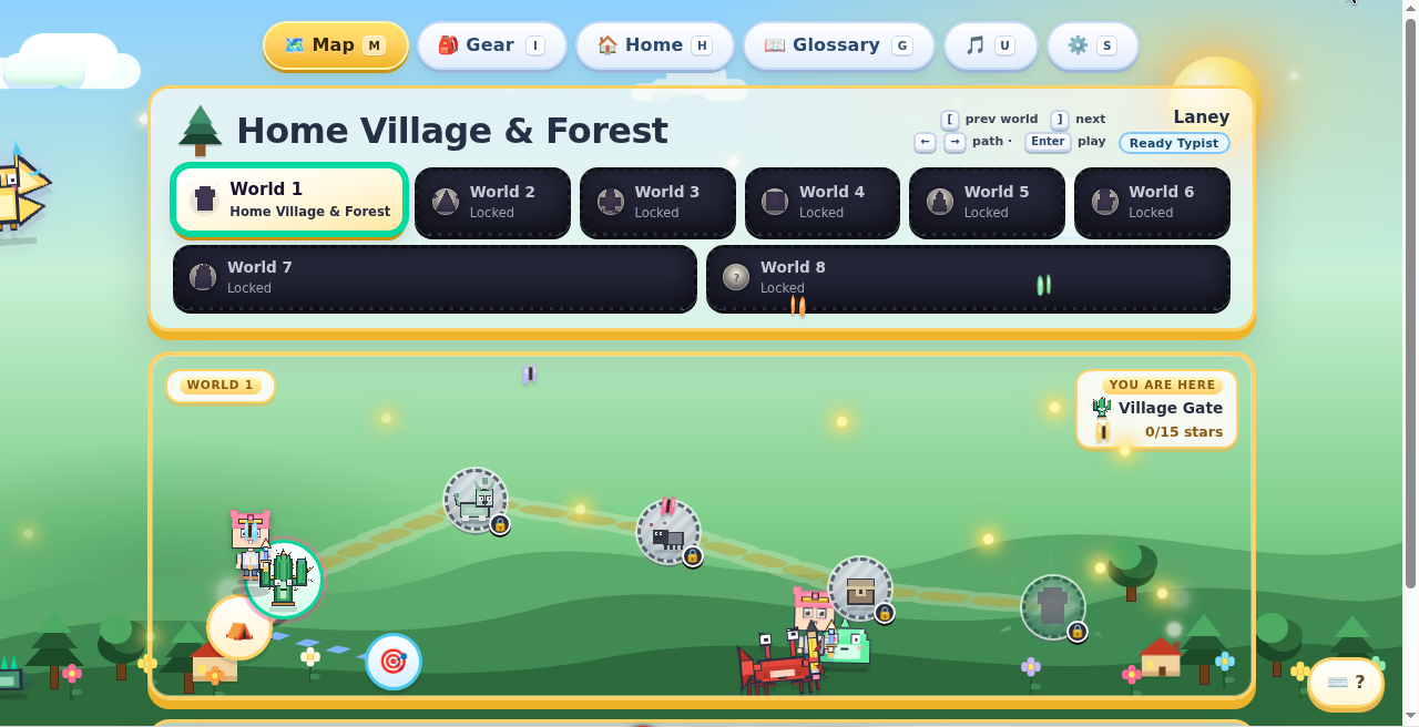 World map for Home Village & Forest, with a winding path over mint hills and pixel-art landmarks.