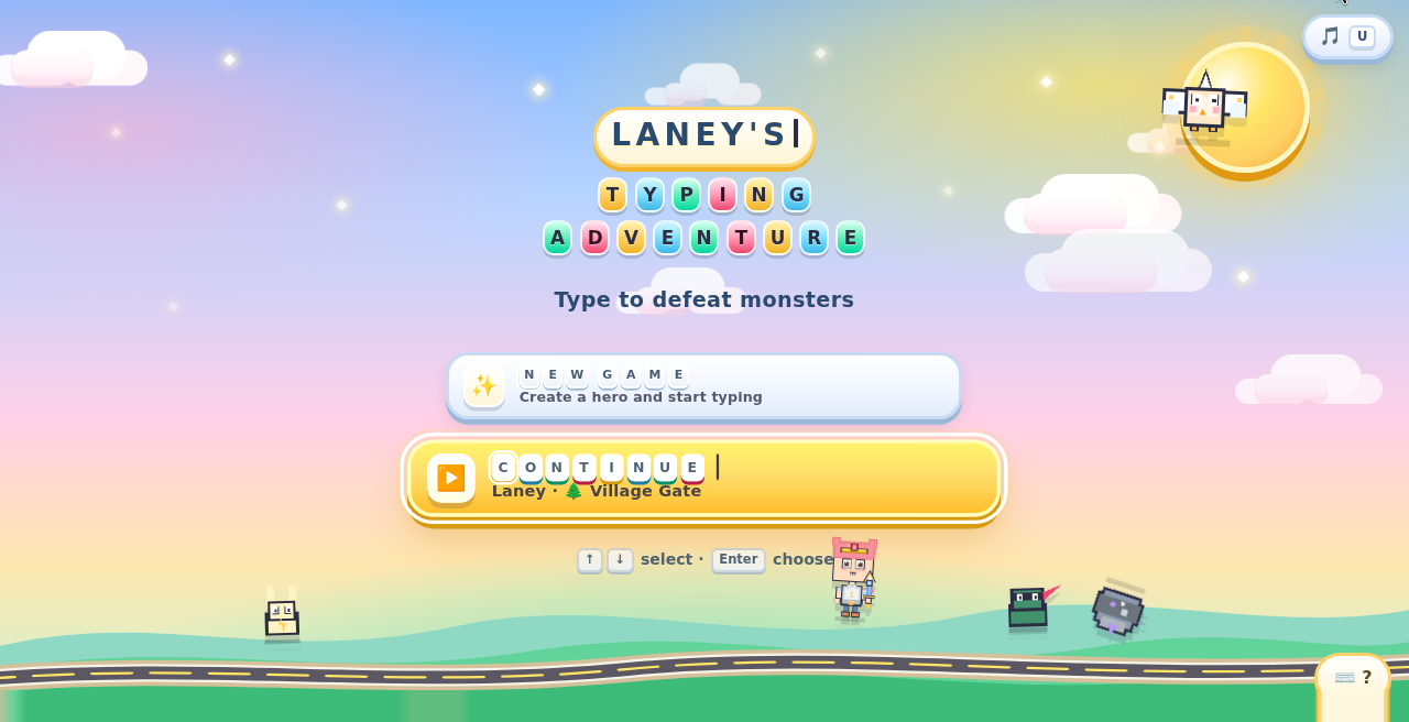 Title screen for Laney's Typing Adventure, with pastel letter-tile logo, mint hills, and a pixel hero on the road.